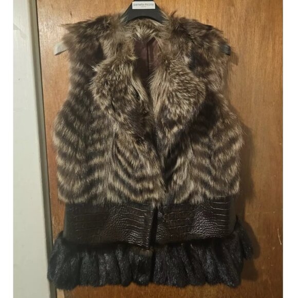 Vintage chevron raccoon fur vest with leather and mink trim